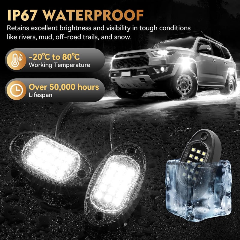 ZONECONA 10Pods Pure White LED Rock Lights Kit with Switch Wiring Harness Extension Wire, Underglow Light Waterproof Fender Lights for Jeep, Trucks, Pickup, ATV, UTV, RZR, SXS, Golf Cart, Off Road - Image 4